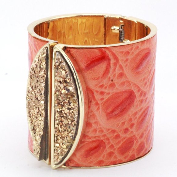 Fabrizio Giannone Designer Signed Orange Color Leather Gold Stone Clamp Bracelet - Picture 6 of 12